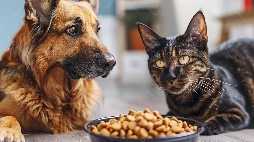 Linda cena cachorro e um gato sentados lado a lado ansiosos por tigela cheia de ração