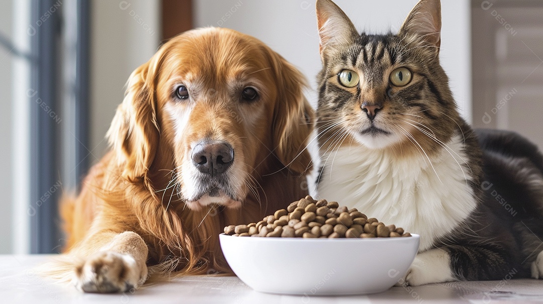 Linda cena cachorro e um gato sentados lado a lado ansiosos por tigela cheia de ração