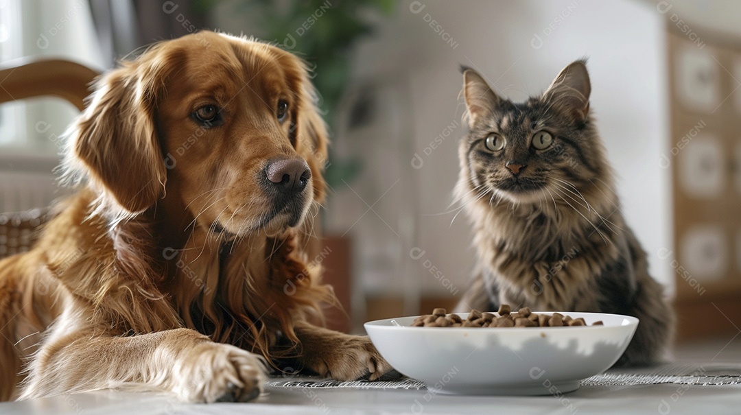 Linda cena cachorro e um gato sentados lado a lado ansiosos por tigela cheia de ração