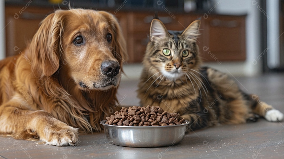 Linda cena cachorro e um gato sentados lado a lado ansiosos por tigela cheia de ração
