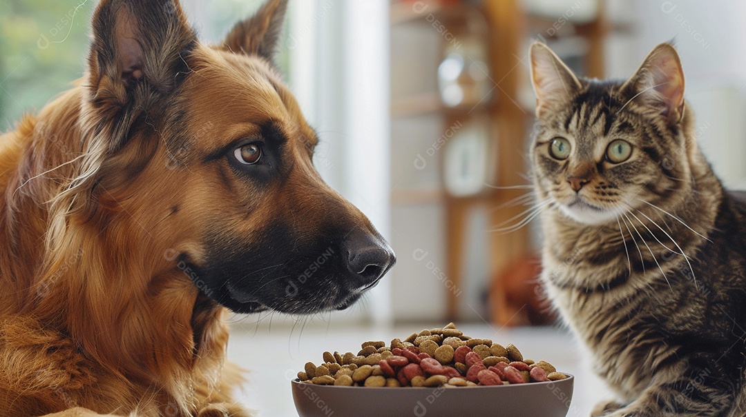 Linda cena cachorro e um gato sentados lado a lado ansiosos por tigela cheia de ração