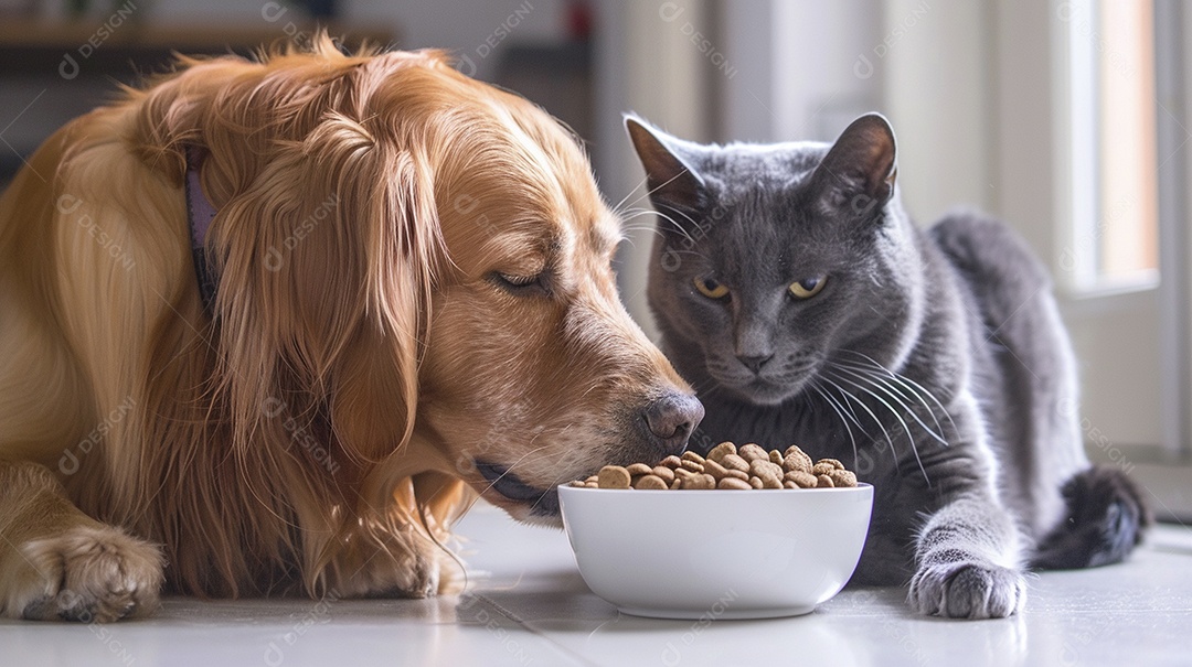 Linda cena cachorro e um gato sentados lado a lado ansiosos por tigela cheia de ração