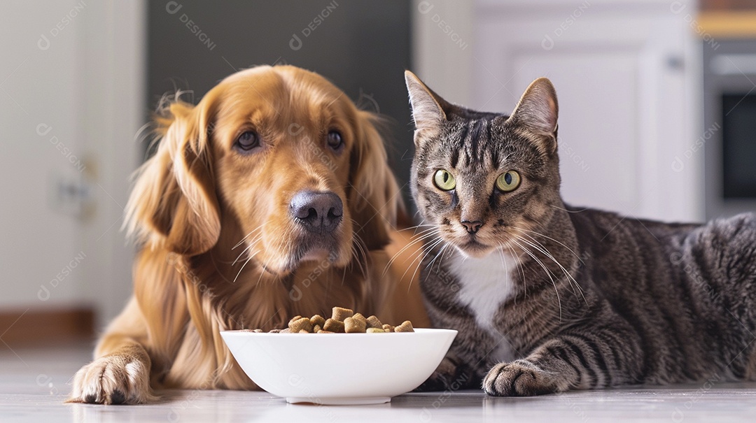 Linda cena cachorro e um gato sentados lado a lado ansiosos por tigela cheia de ração