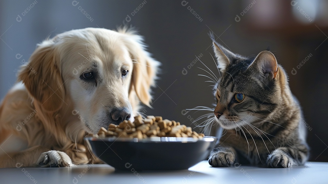 Linda cena cachorro e um gato sentados lado a lado ansiosos por tigela cheia de ração