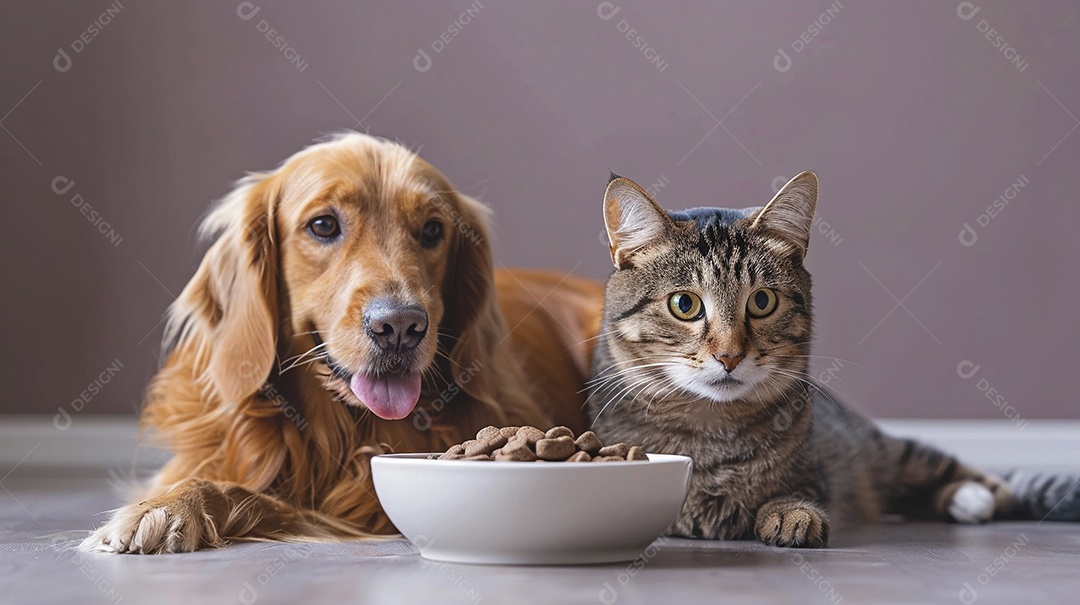 Linda cena cachorro e um gato sentados lado a lado ansiosos por tigela cheia de ração