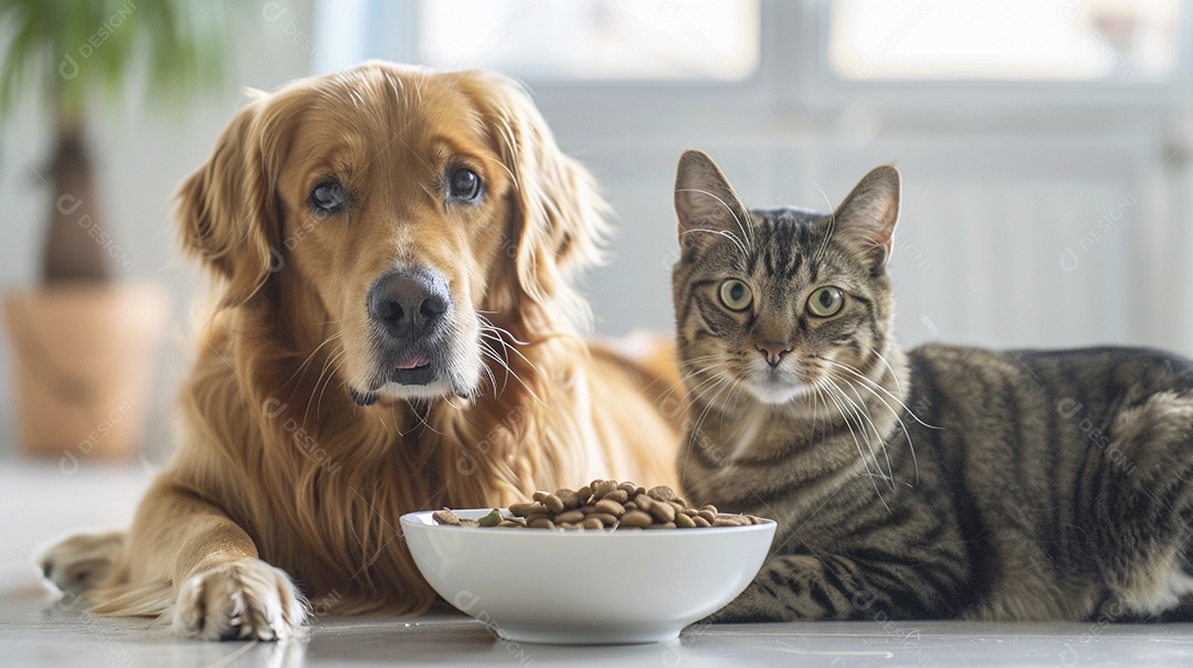 Linda cena cachorro e um gato sentados lado a lado ansiosos por tigela cheia de ração