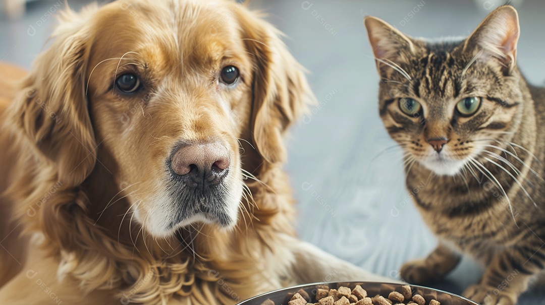 Linda cena cachorro e um gato sentados lado a lado ansiosos por tigela cheia de ração