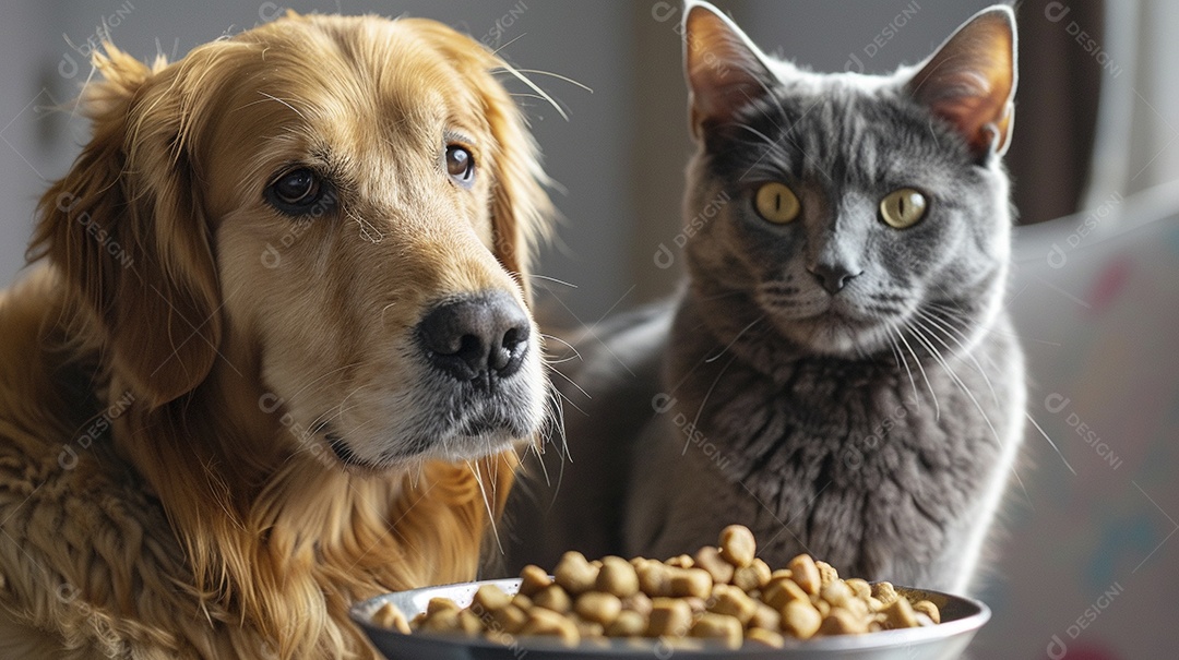 Linda cena cachorro e um gato sentados lado a lado ansiosos por tigela cheia de ração