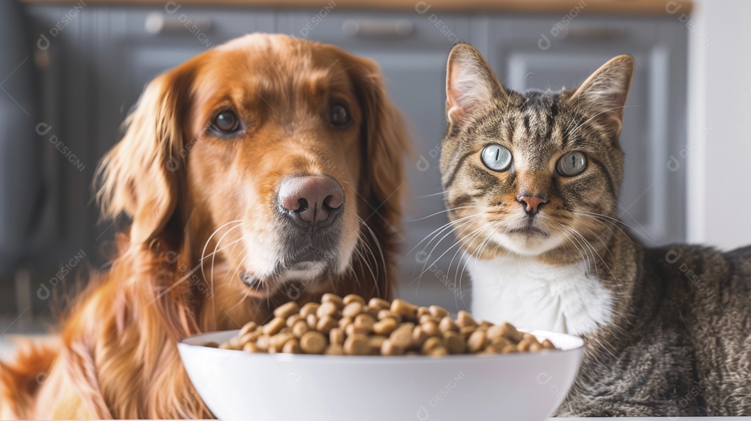 Linda cena cachorro e um gato sentados lado a lado ansiosos por tigela cheia de ração