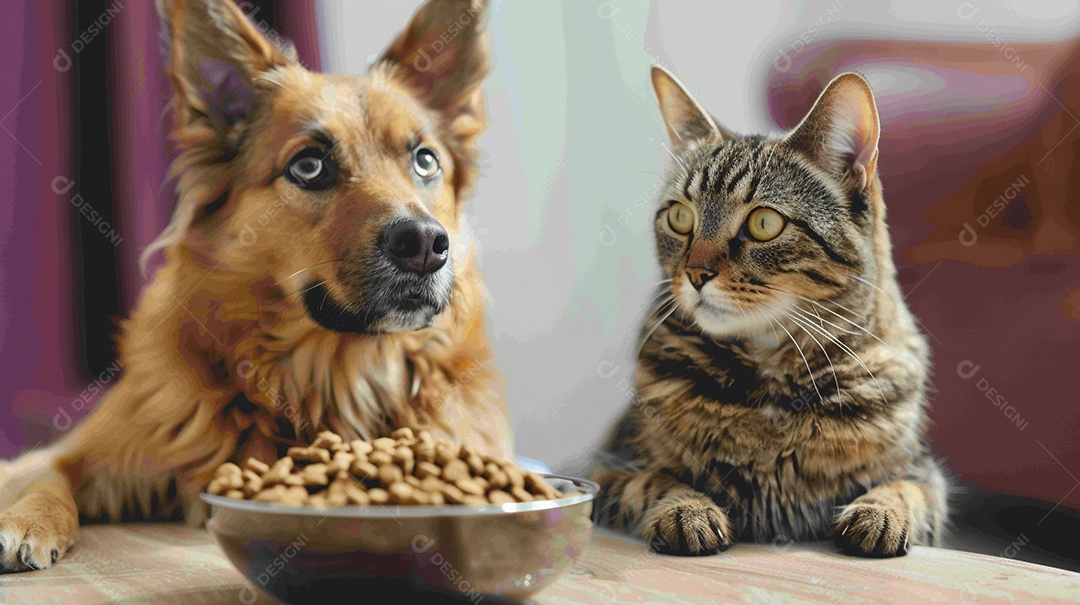 Linda cena cachorro e um gato sentados lado a lado ansiosos por tigela cheia de ração