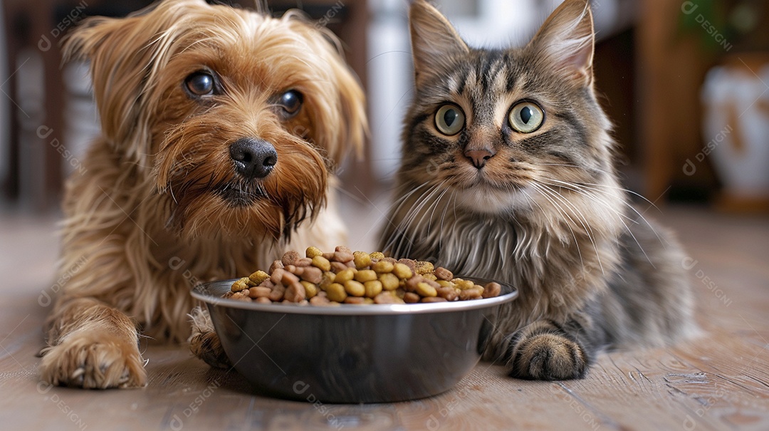Linda cena cachorro e um gato sentados lado a lado ansiosos por tigela cheia de ração