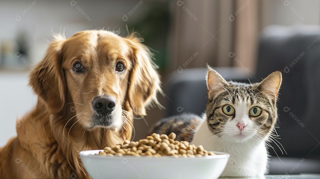 Linda cena cachorro e um gato sentados lado a lado ansiosos por tigela cheia de ração