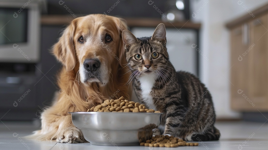 Linda cena cachorro e um gato sentados lado a lado ansiosos por tigela cheia de ração