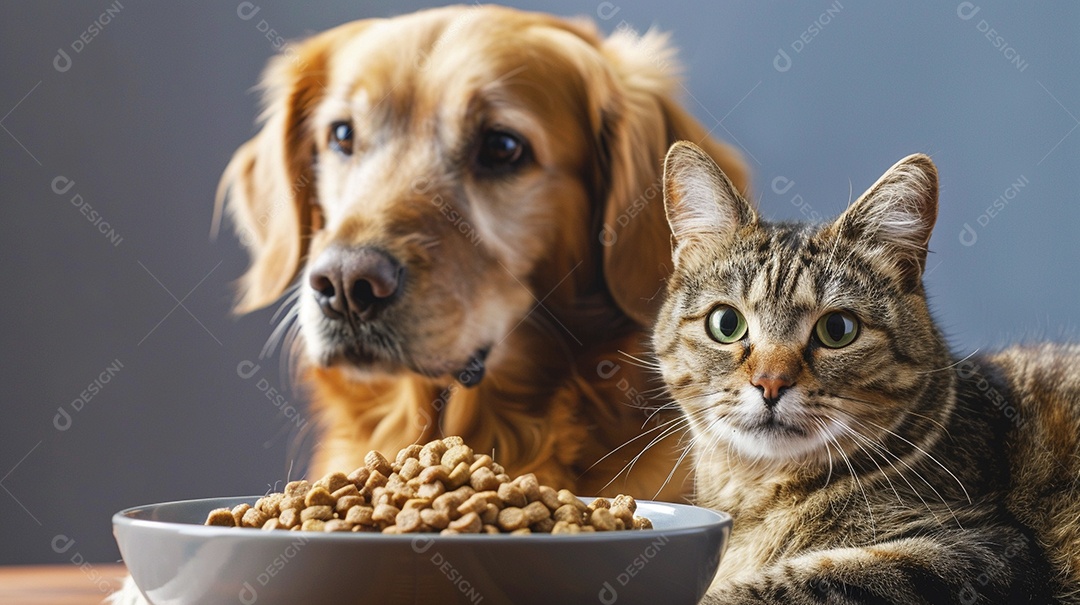Linda cena cachorro e um gato sentados lado a lado ansiosos por tigela cheia de ração