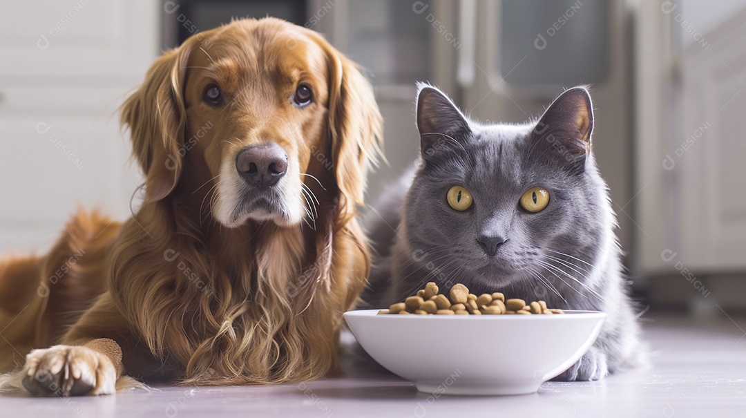 Linda cena cachorro e um gato sentados lado a lado ansiosos por tigela cheia de ração