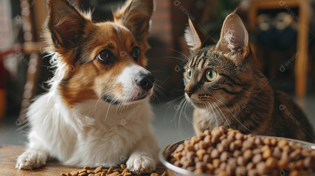 Linda cena cachorro e um gato sentados lado a lado ansiosos por tigela cheia de ração