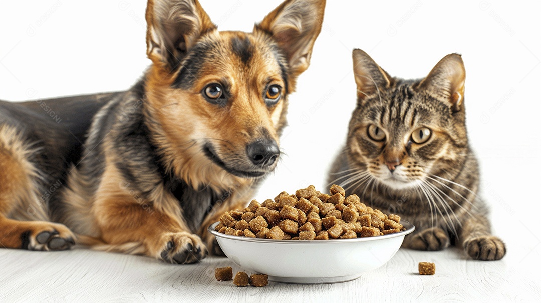 Linda cena cachorro e um gato sentados lado a lado ansiosos por tigela cheia de ração