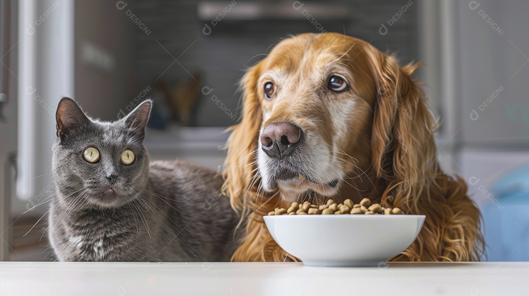 Linda cena cachorro e um gato sentados lado a lado ansiosos por tigela cheia de ração