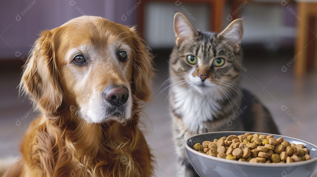 Linda cena cachorro e um gato sentados lado a lado ansiosos por tigela cheia de ração
