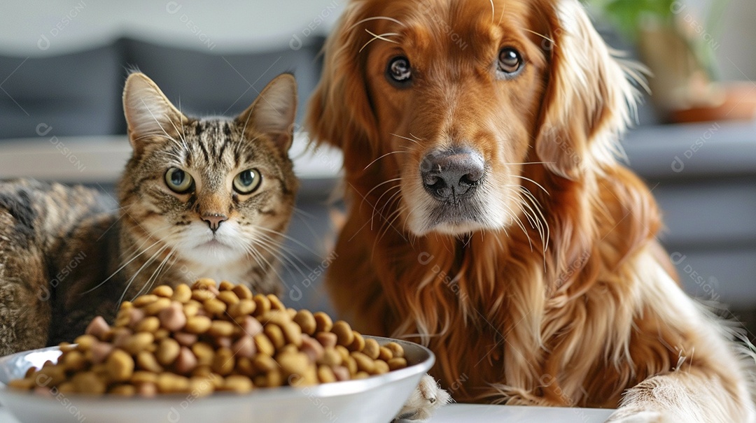 Linda cena cachorro e um gato sentados lado a lado ansiosos por tigela cheia de ração