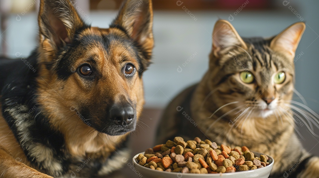 Linda cena cachorro e um gato sentados lado a lado ansiosos por tigela cheia de ração