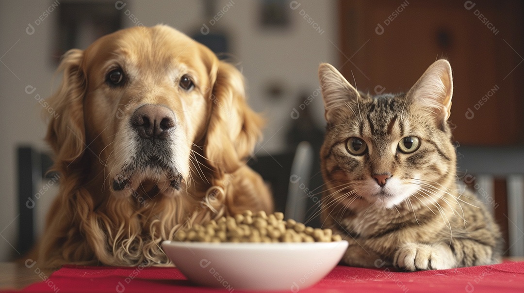 Linda cena cachorro e um gato sentados lado a lado ansiosos por tigela cheia de ração