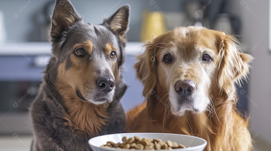 Dois lindos cachorros esperando autorização para comerem ração nutritiva