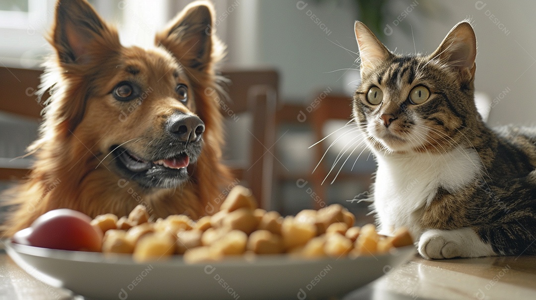 Linda cena cachorro e um gato sentados lado a lado ansiosos por tigela cheia de ração