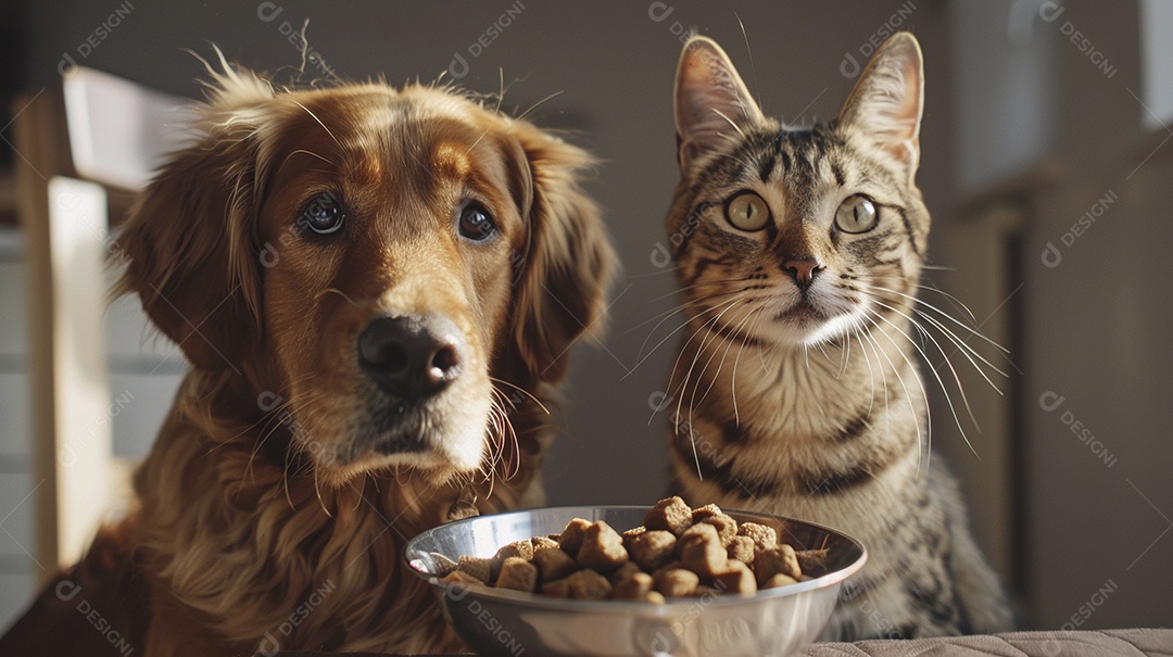 Linda cena cachorro e um gato sentados lado a lado ansiosos por tigela cheia de ração