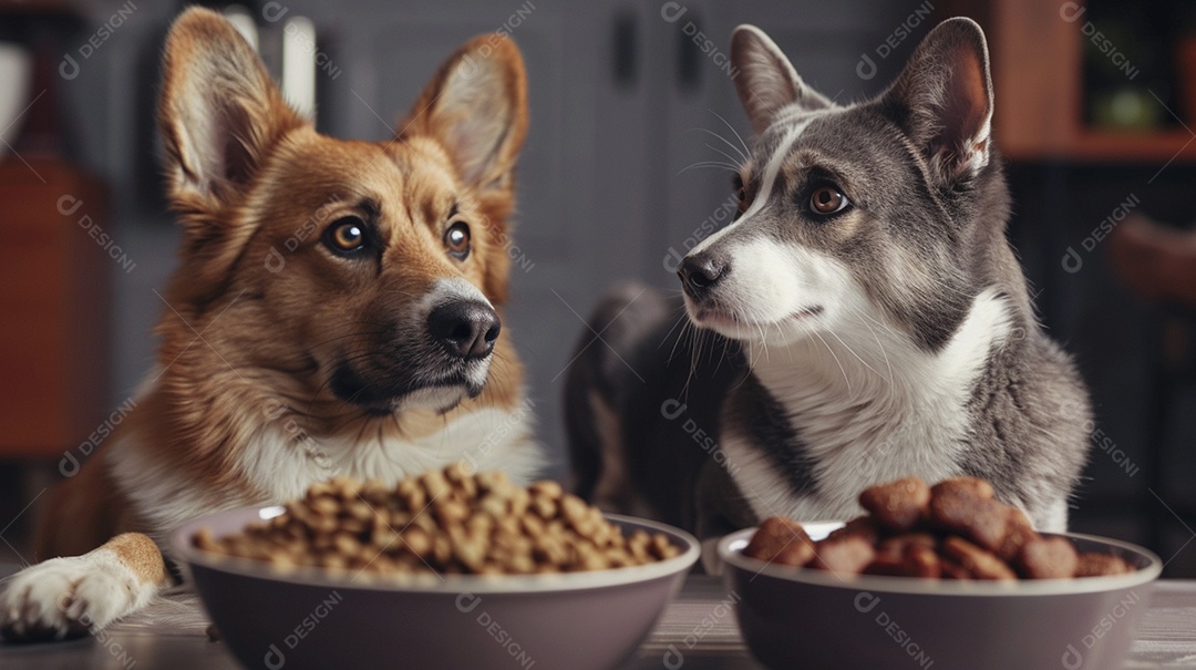 Linda cena cachorro e um gato sentados lado a lado ansiosos por tigela cheia de ração