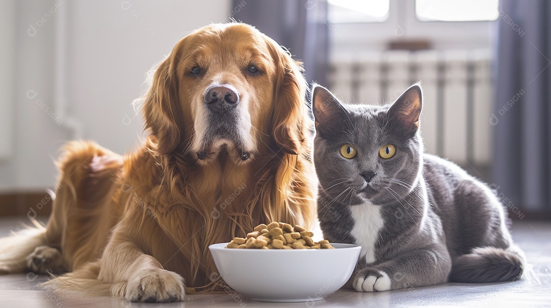Linda cena cachorro e um gato sentados lado a lado ansiosos por tigela cheia de ração
