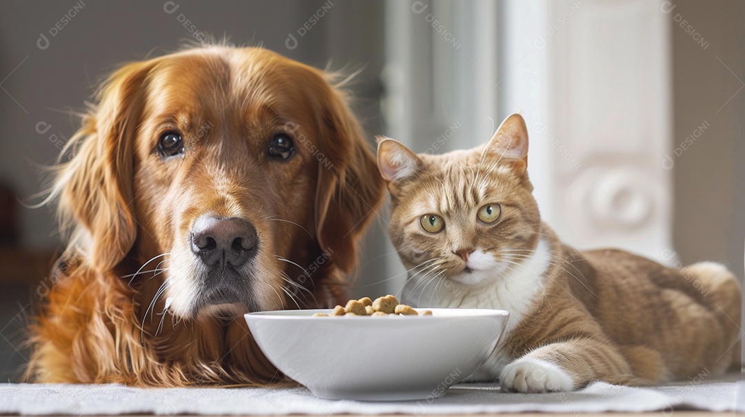 Linda cena cachorro e um gato sentados lado a lado ansiosos por tigela cheia de ração