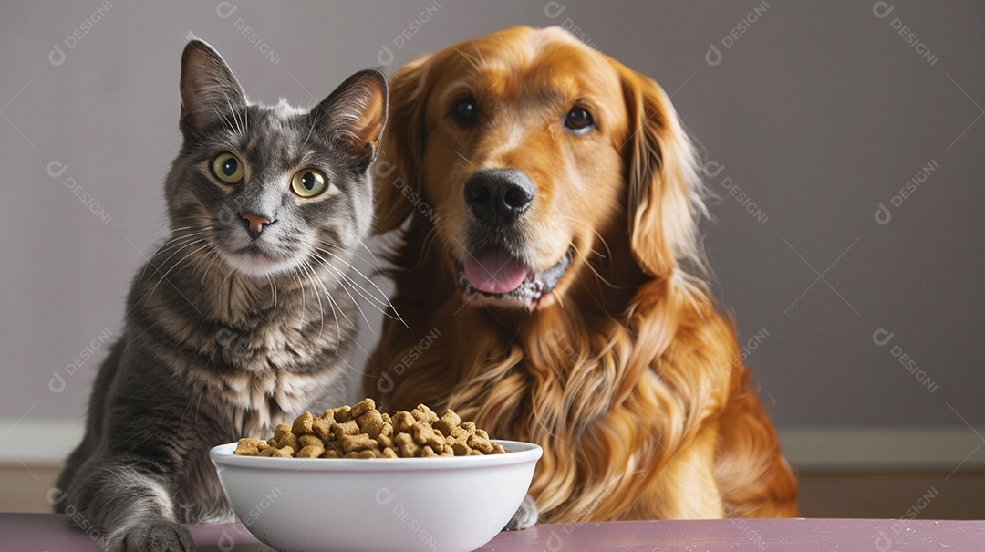 Linda cena cachorro e um gato sentados lado a lado ansiosos por tigela cheia de ração