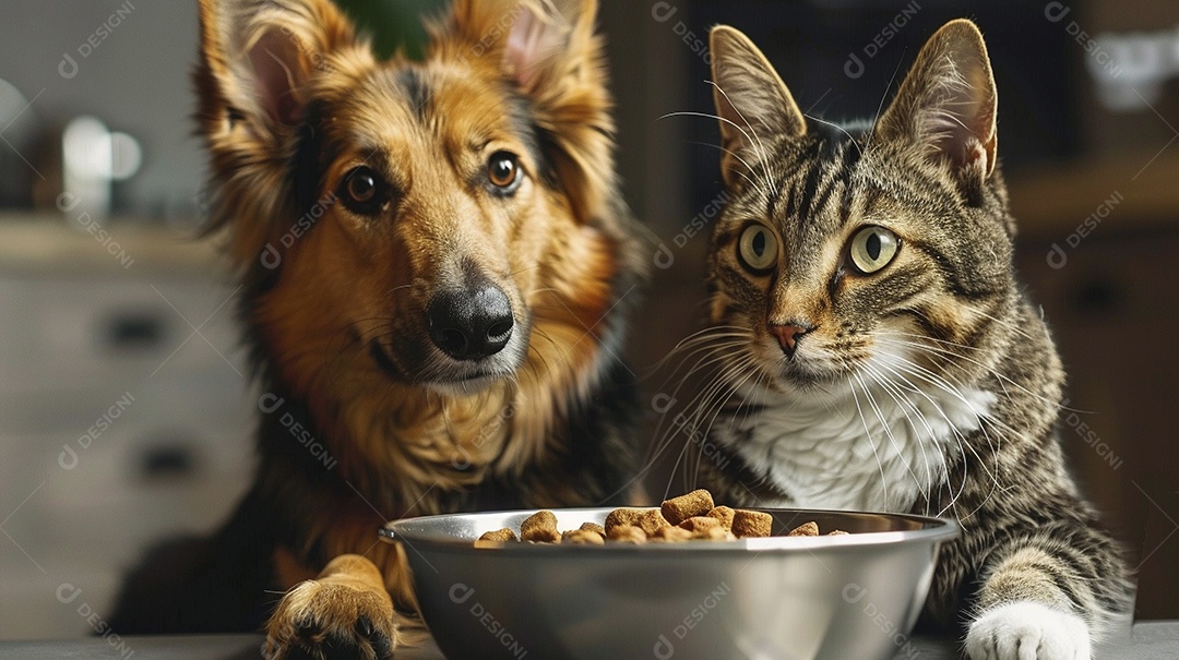 Linda cena cachorro e um gato sentados lado a lado ansiosos por tigela cheia de ração