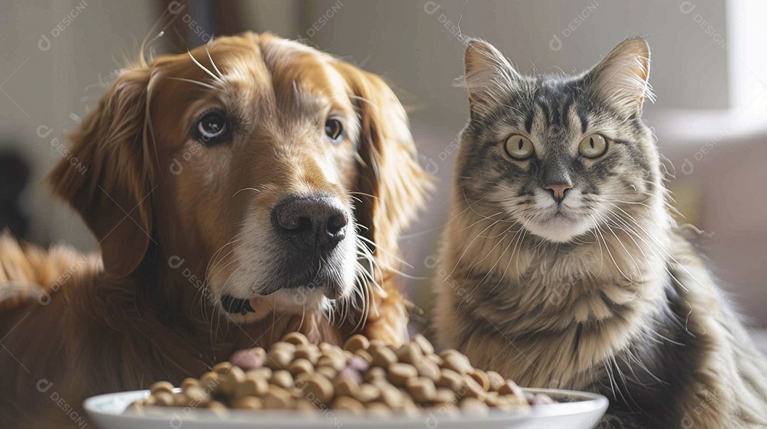 Linda cena cachorro e um gato sentados lado a lado ansiosos por tigela cheia de ração