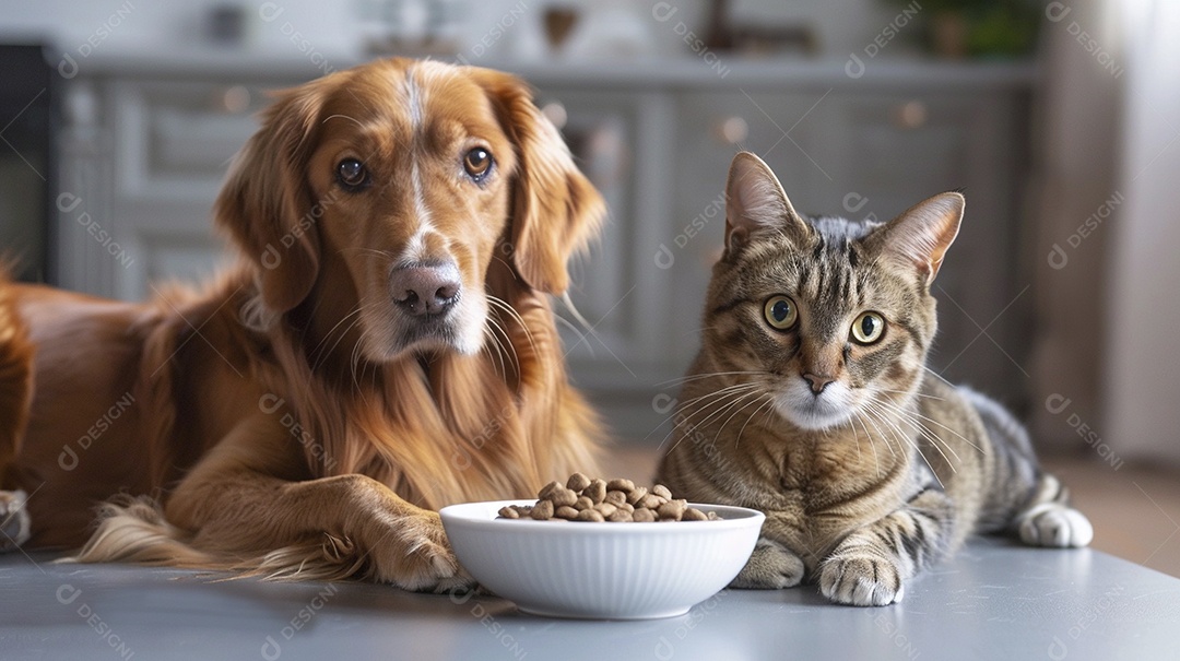 Linda cena cachorro e um gato sentados lado a lado ansiosos por tigela cheia de ração