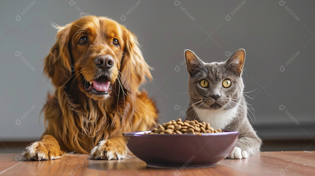 Linda cena cachorro e um gato sentados lado a lado ansiosos por tigela cheia de ração