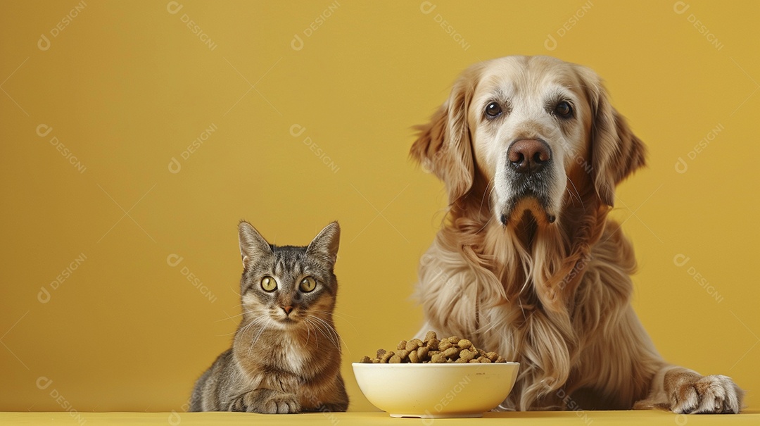 Linda cena cachorro e um gato sentados lado a lado ansiosos por tigela cheia de ração