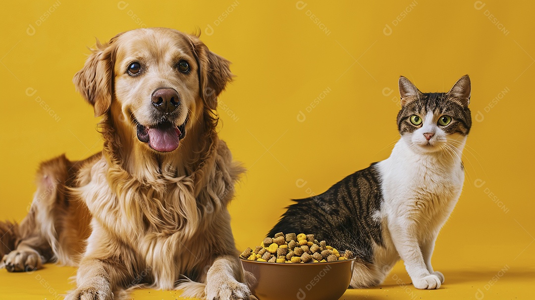 Linda cena cachorro e um gato sentados lado a lado ansiosos por tigela cheia de ração