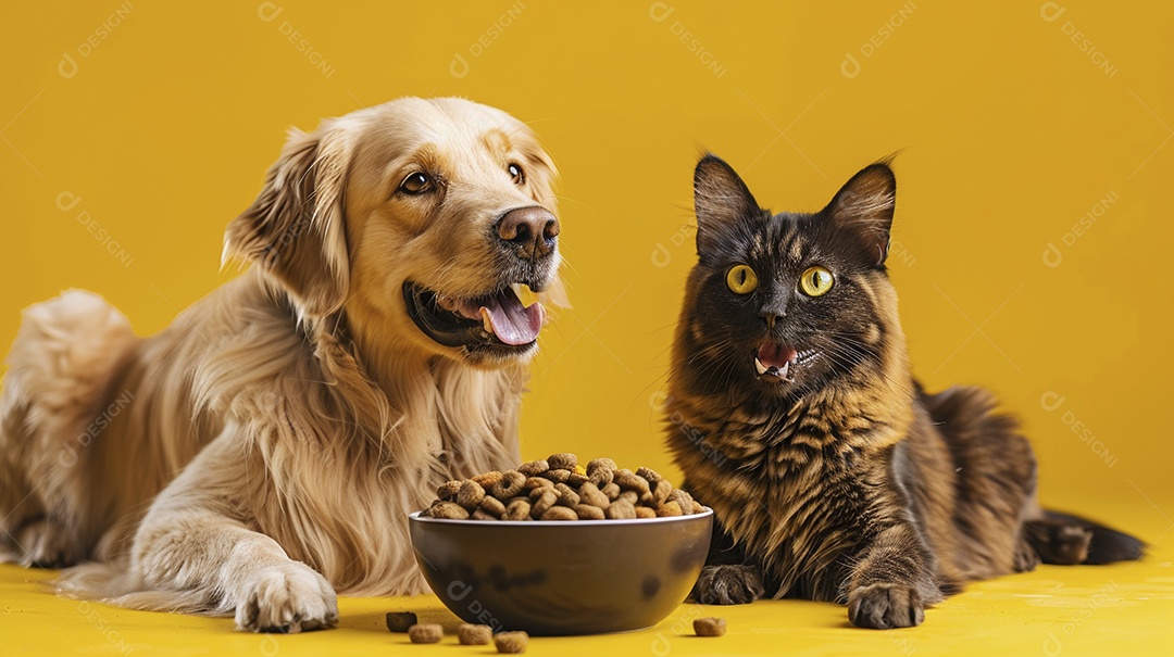 Linda cena cachorro e um gato sentados lado a lado ansiosos por tigela cheia de ração