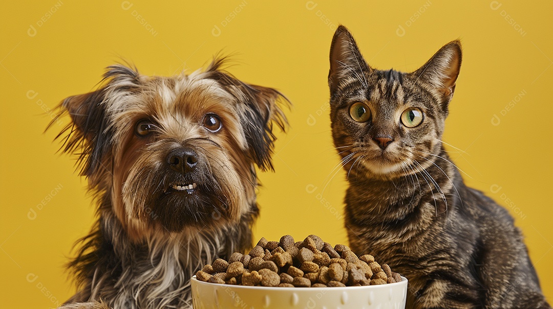 Linda cena cachorro e um gato sentados lado a lado ansiosos por tigela cheia de ração