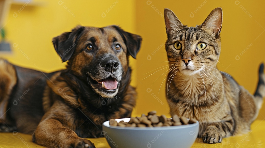Linda cena cachorro e um gato sentados lado a lado ansiosos por tigela cheia de ração