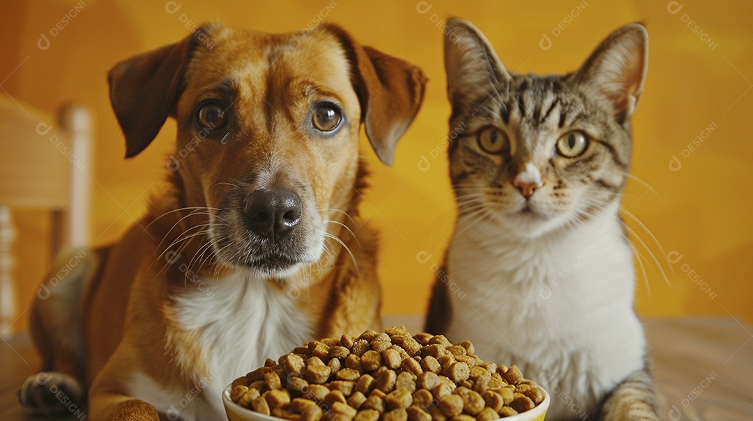 Linda cena cachorro e um gato sentados lado a lado ansiosos por tigela cheia de ração