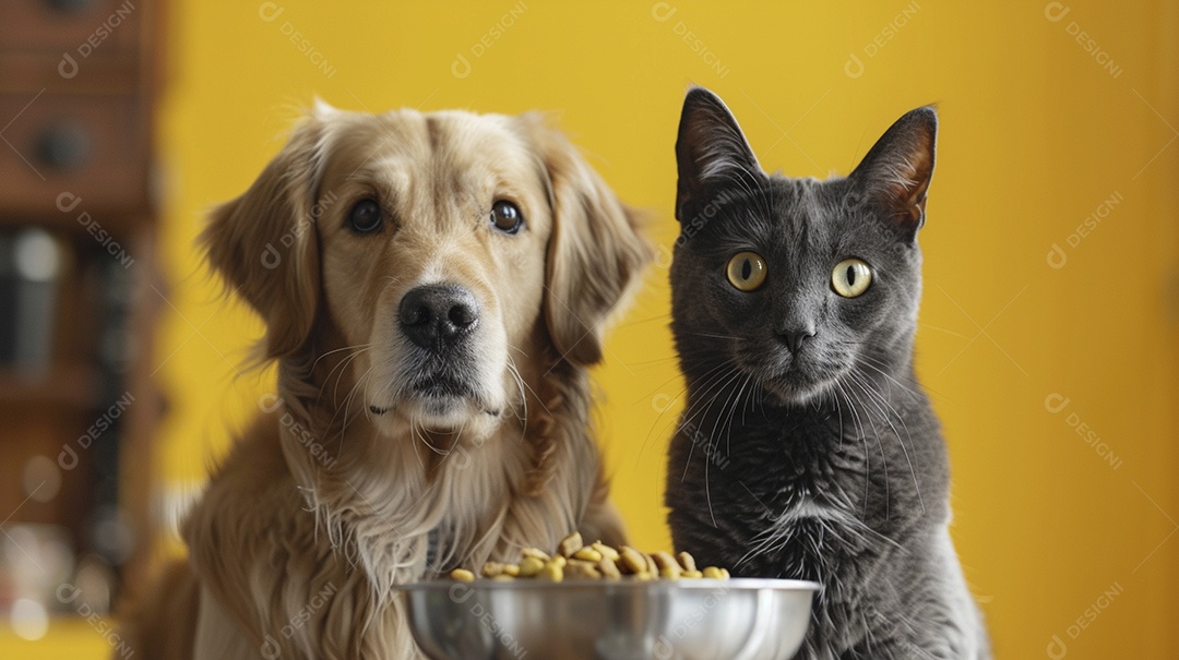 Linda cena cachorro e um gato sentados lado a lado ansiosos por tigela cheia de ração
