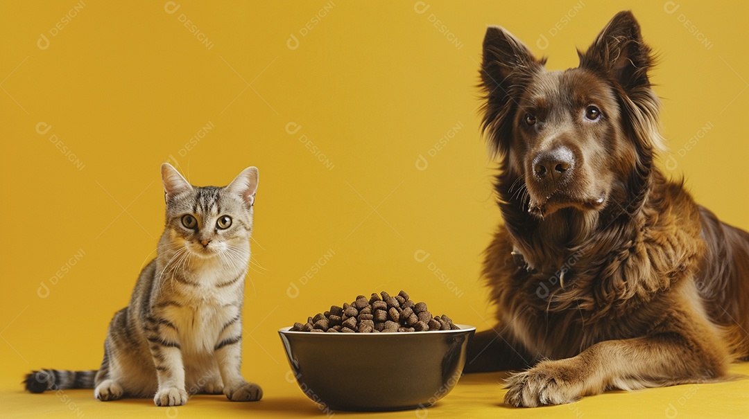 Linda cena cachorro e um gato sentados lado a lado ansiosos por tigela cheia de ração