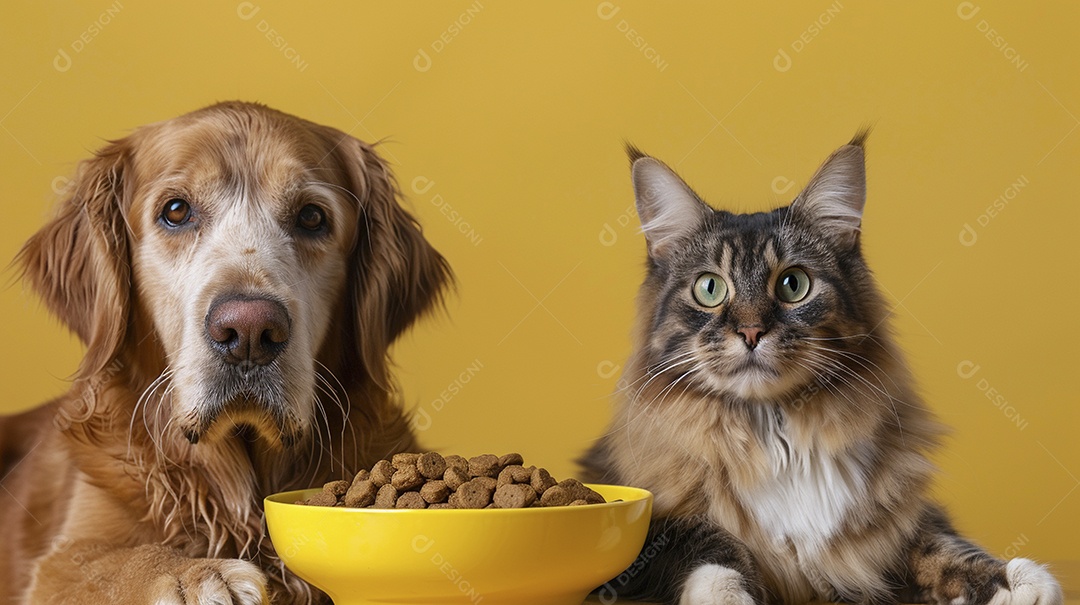 Linda cena cachorro e um gato sentados lado a lado ansiosos por tigela cheia de ração