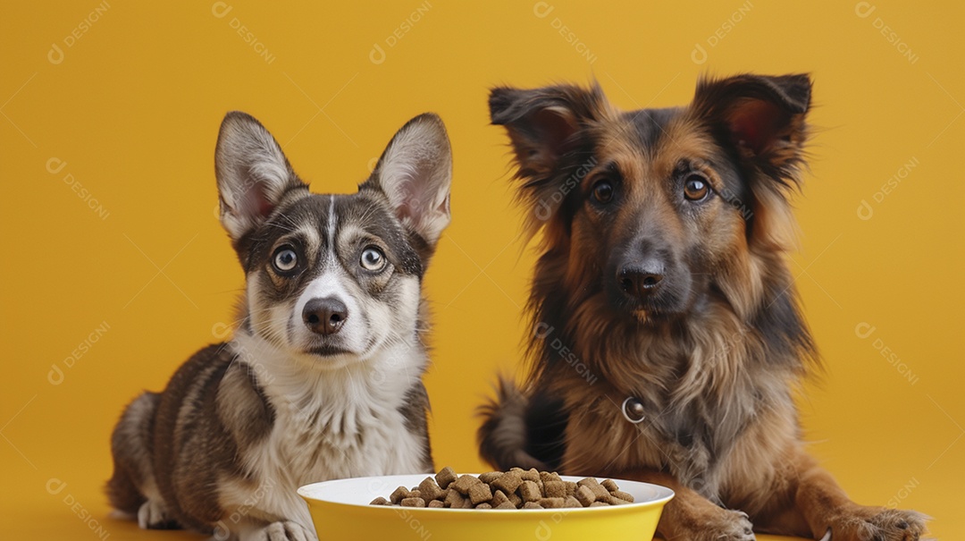 Linda cena cachorro e um gato sentados lado a lado ansiosos por tigela cheia de ração
