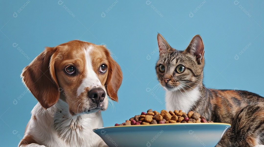 Linda cena cachorro e um gato sentados lado a lado ansiosos por tigela cheia de ração