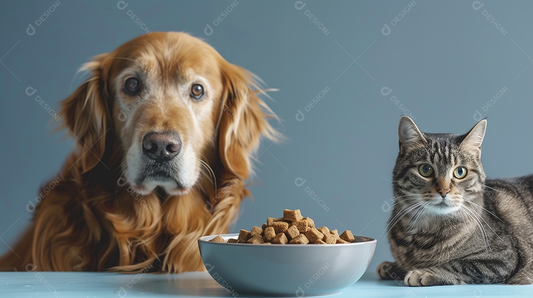 Linda cena cachorro e um gato sentados lado a lado ansiosos por tigela cheia de ração