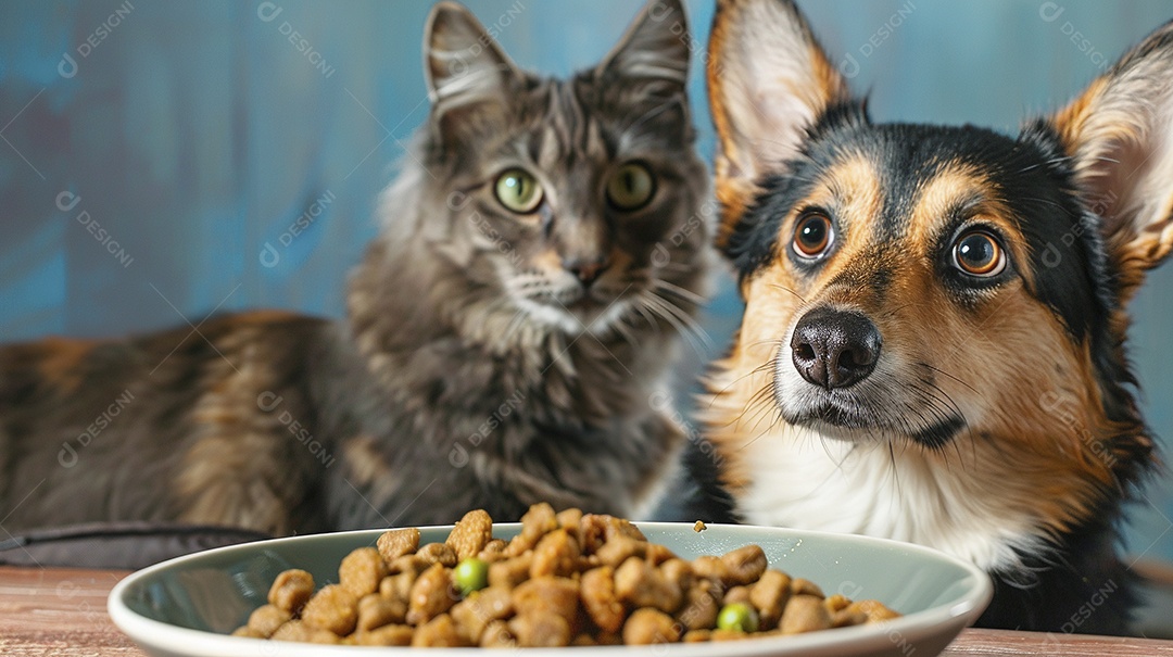 Linda cena cachorro e um gato sentados lado a lado ansiosos por tigela cheia de ração